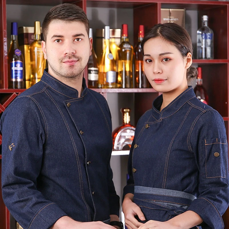 Для ресторана, кухни, с длинным рукавом, с коротким рукавом, цветная и термостойкая джинсовая форма шеф-повара, куртка повара с бесплатным фартуком - Цвет: blue long sleeve