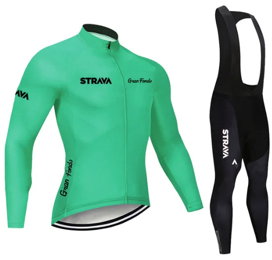 

2021 STRAVA Pro Team Long Sleeve Cycling Jersey Set Bib Pants Ropa Ciclismo Bicycle Clothing MTB Bike Jersey Uniform Men Clothes