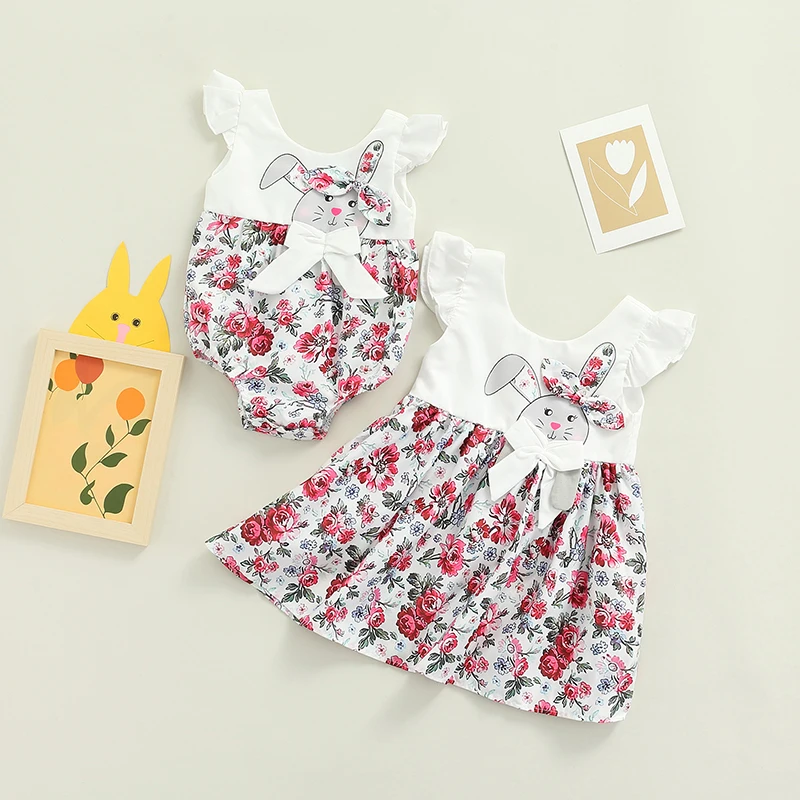 

Toddler Baby Girls Sister Matching Clothes Fly Sleeve O-neck Bunny Flower Printed Jumpsuit/Dress