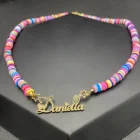 Ожерелье из бисера Heishi, именные ожерелья, Золотая табличка из нержавеющей стали, персонализированная Радужная мягкая глиняная Подвеска для женщин и девушек