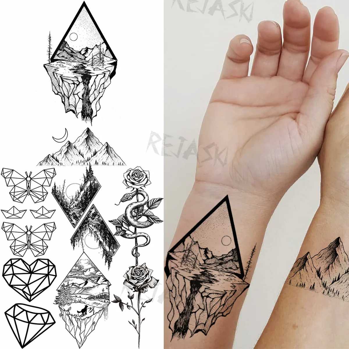 

Realistic Geometry Mountain Sea Temporary Tattoos For Women Adult Rose Butterfly Love Diamond Fake Tattoo Wrist Washable Tatoos