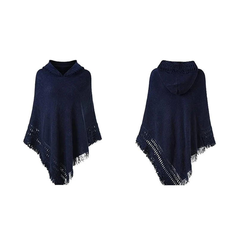 

Women Winter Knit Hooded Poncho Cape Crochet Fringed Tassel Shawl Wrap Sweater