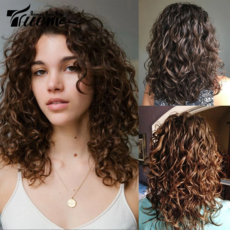 Trurme Water Wave Side Part Lace Wig 18 Inch Brown Mix Color Remy Brazilian Curly Human Hair Lace Part Wigs For Women Red