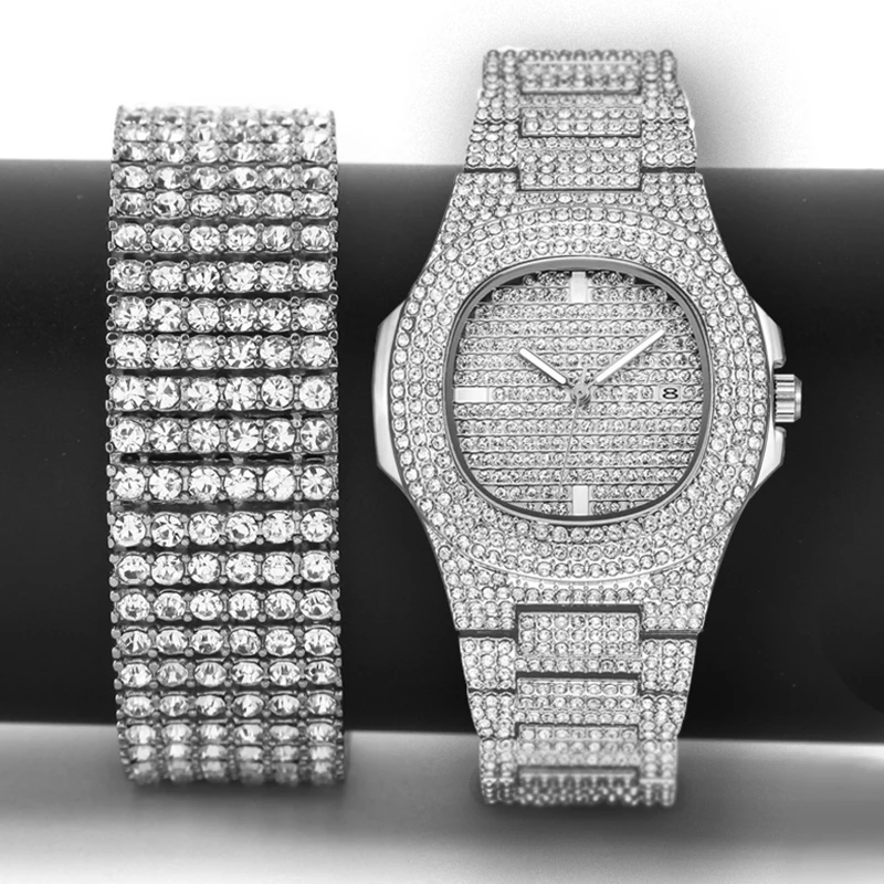 

Men Hip Hop Iced Out Bling Simulated Lab CZ Luxury Gold Color Watch & Zircon Bracelet Gift Set