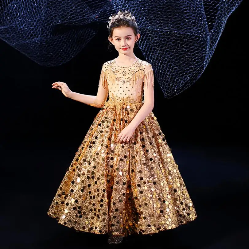 

Высококачественное вечернее платье с блестками, детское бальное платье для девочек с цветами на свадьбу, праздничное платье принцессы на д...