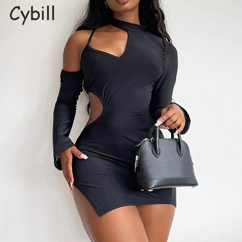 

Cybill Hollow Out Long Sleeve Sexy Club Mini Dress Halter Black Short Bodycon Dress 2021 Party Women Short Dreses