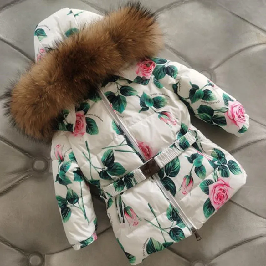 New arrival winter fashion printed baby girl white down jacket kids big fur collar warm zipper outwear