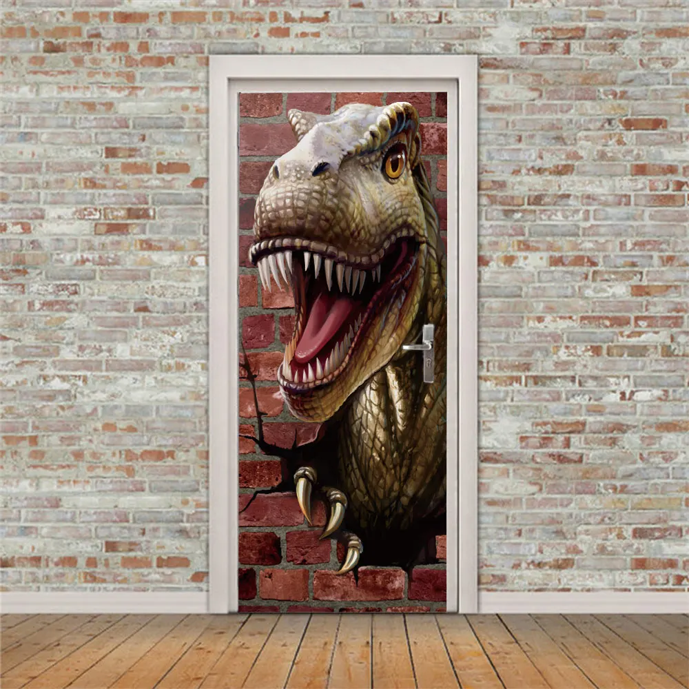 Pegatinas de puerta 3D de dinosaurio creativo, pegatinas de pared autoadhesivas, impermeables, extra&iacute;bles-3