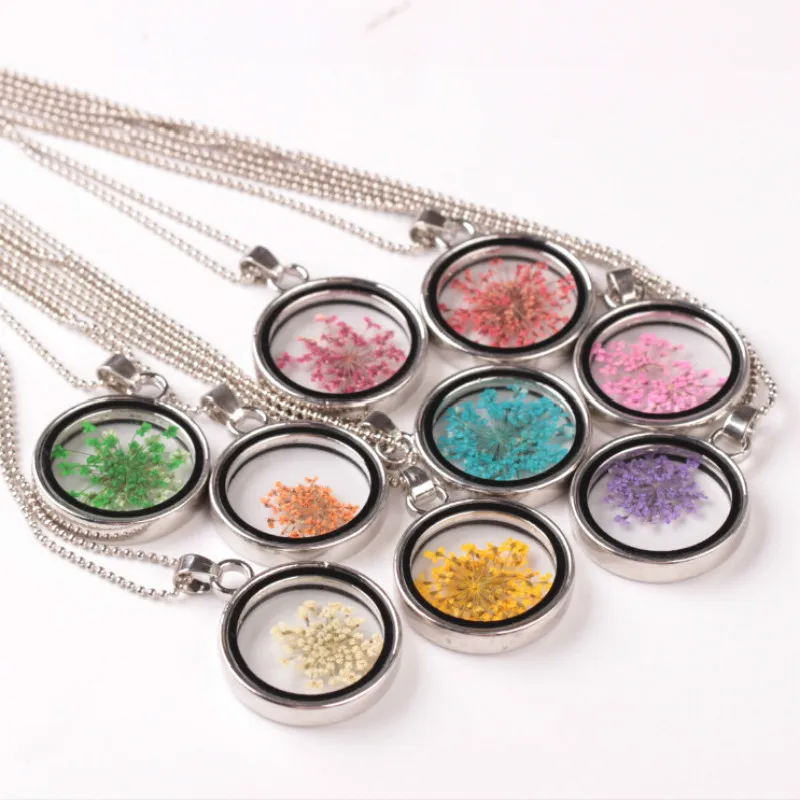 Ожерелье ручной работы с натуральным цветком кулон в прозрачной стеклянной