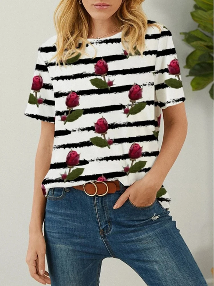 

Summer Casual Printed Short Sleeve Pullover T Shirt Floral Asymetrical Bird Desert Overall Women Ladies Female Summer