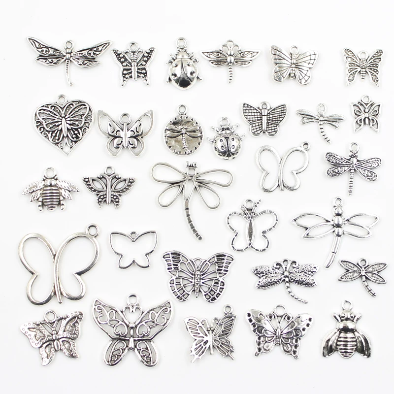 

30pcs Charms Hollow Butterfly Dragonfly Bee Beetle Antique Silver Color Mixed Pendants DIY Findings Tibetan Making Jewelry Craft