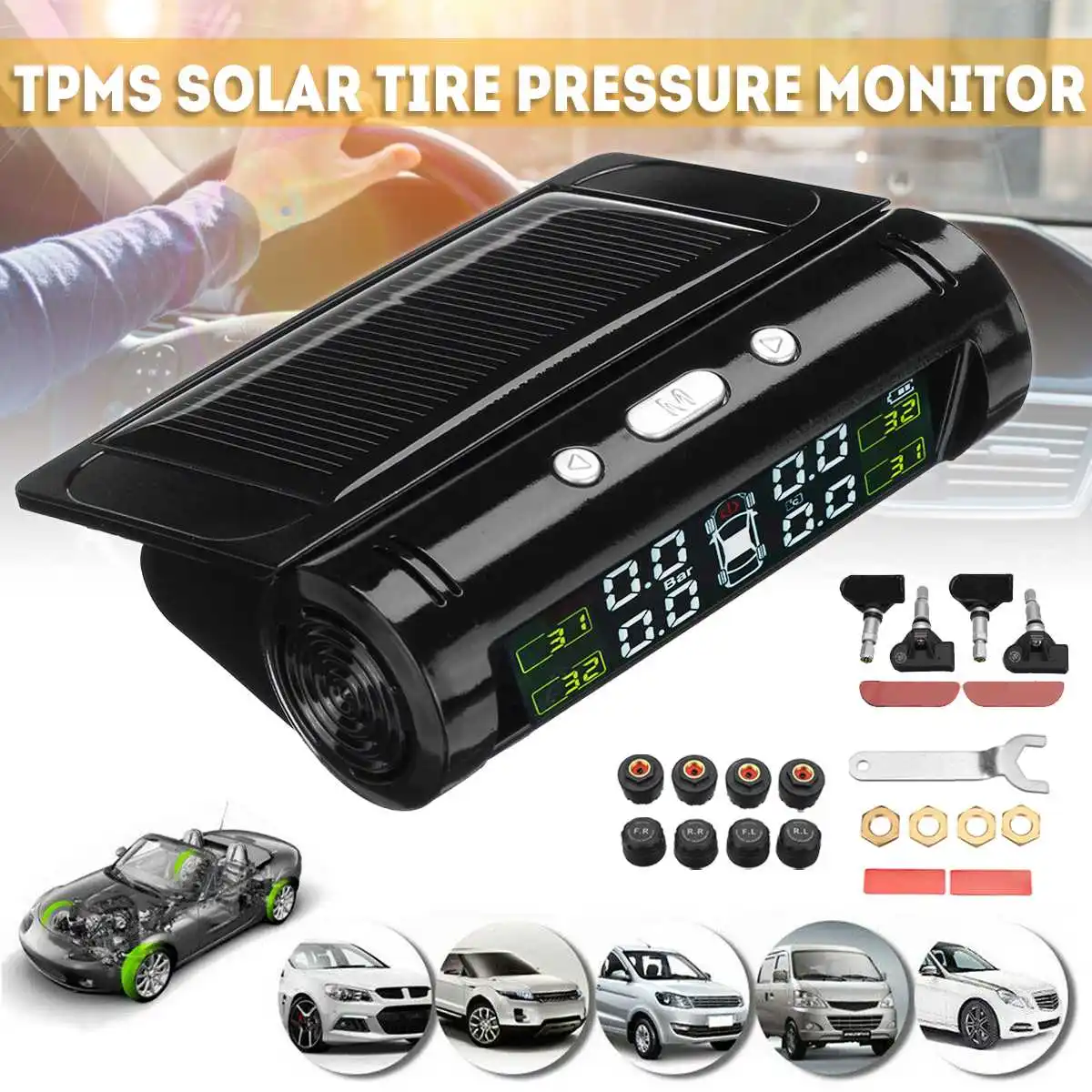 

TPMS Car Tire Pressure Alarm Monitor System Real-time Display Attached to glass wireless Solar power tpms with 4 sensors