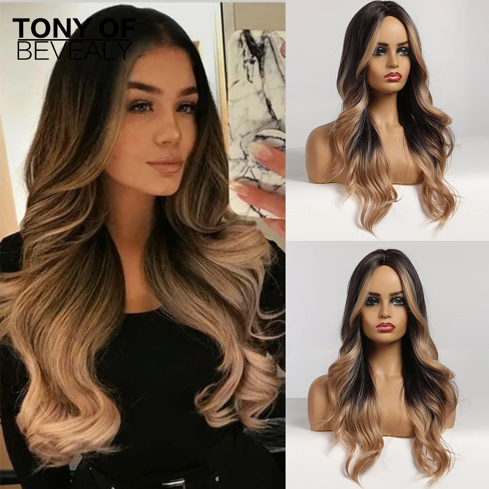 Длинные волнистые парики черного и коричневого цвета с светлыми бликами Косплей