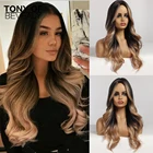 Длинные волнистые парики черного и коричневого цвета с светлыми бликами Косплей парики средняя часть термостойкие натуральные синтетические парики для черных женщин