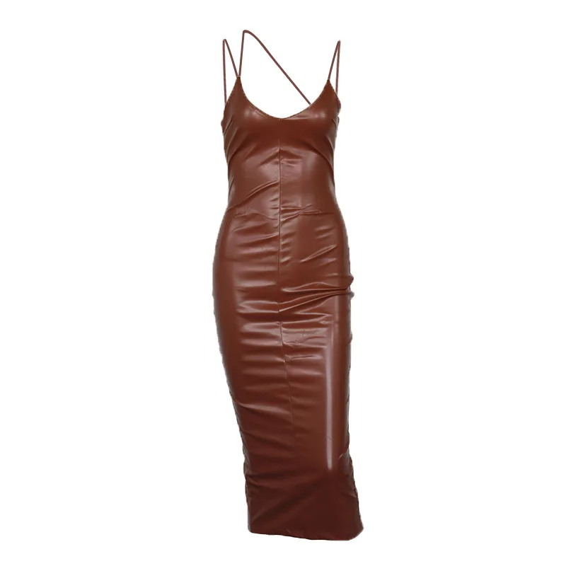 

Women's Sexy Split Halter PU Leather Sleeveless Dresses Bodycon Fashion Party Spaghetti Strap Dress Brown Black Clothing Red
