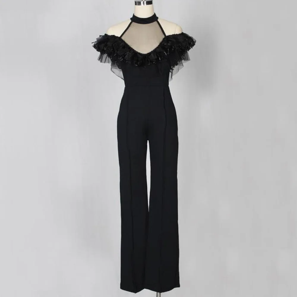 

Jumpsuit Women Overalls One Piece Sexy Black Turtleneck Mesh Ruffles Party Clubwear Wide Leg Jumpsuits Rompers Streetwear