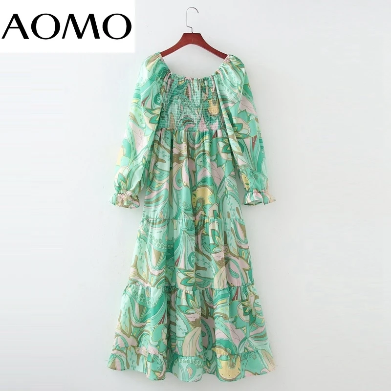

AOMO 2021 Fashion Women Green Paisley Print Boho Long Dress Puff Long Sleeve Square Collar Ladies Vintage Dress 1D351A