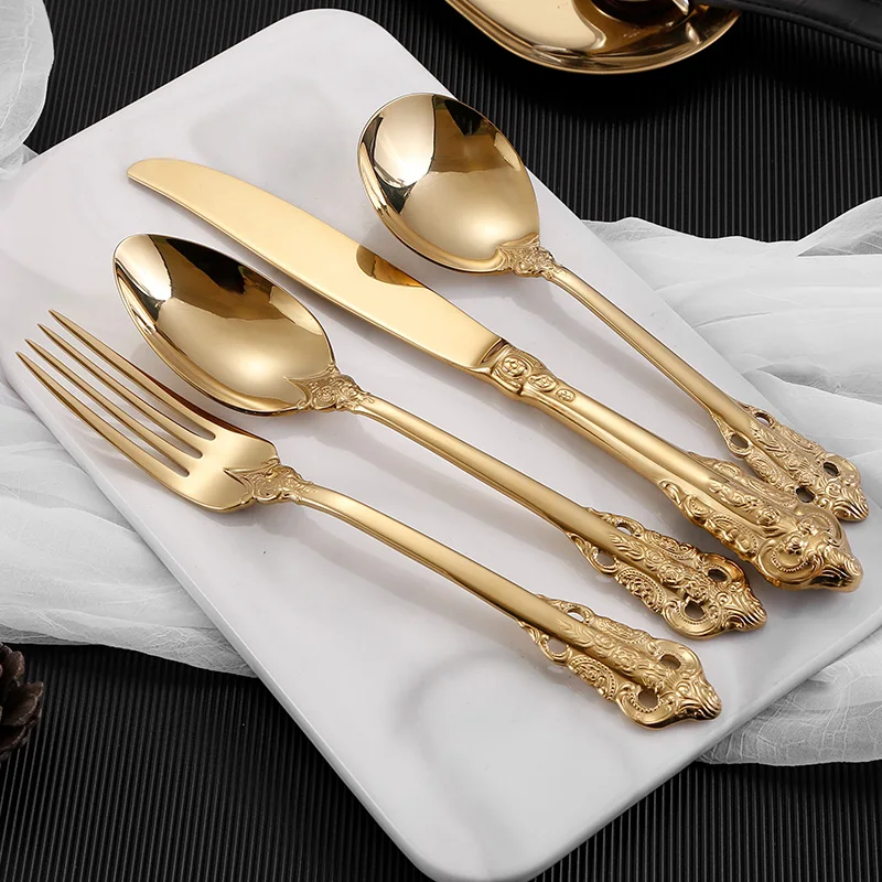 

Retro Table Cutlery Fork Spoon Knife Set Luxury Tableware Gold Table Service Kitchen Device Sets Table Forks Zero Waste Gift