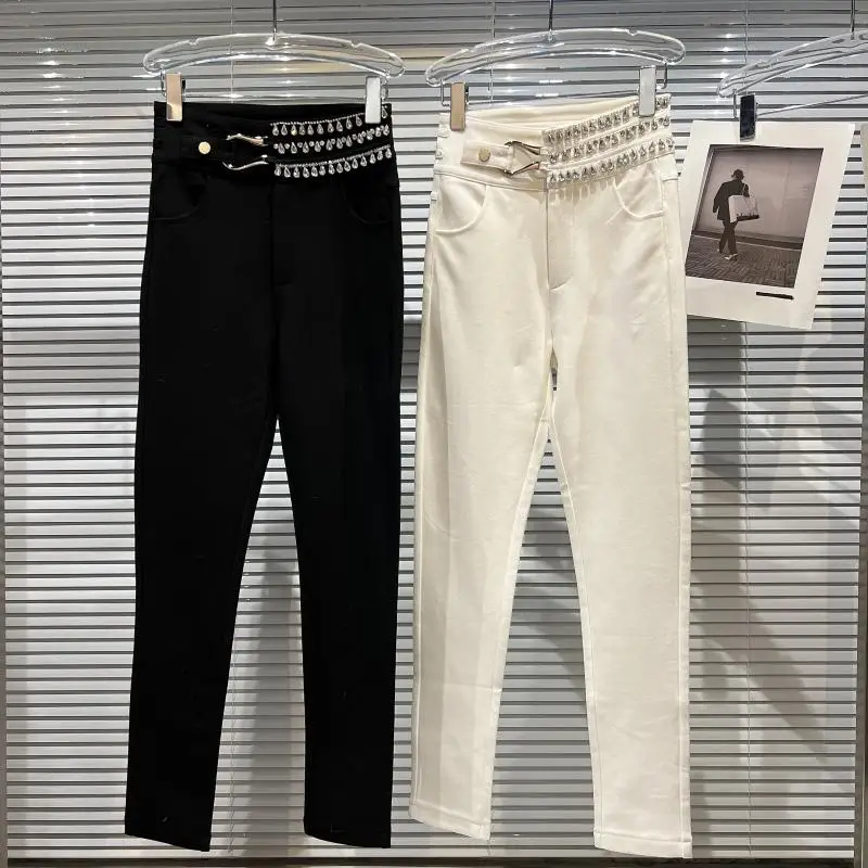 

2021 Winter New Rhinestone Chain Waist Inner Velvet Elastic Pants Skinny Slim Leggings Women Casual Pants Woman Thicken Trousers