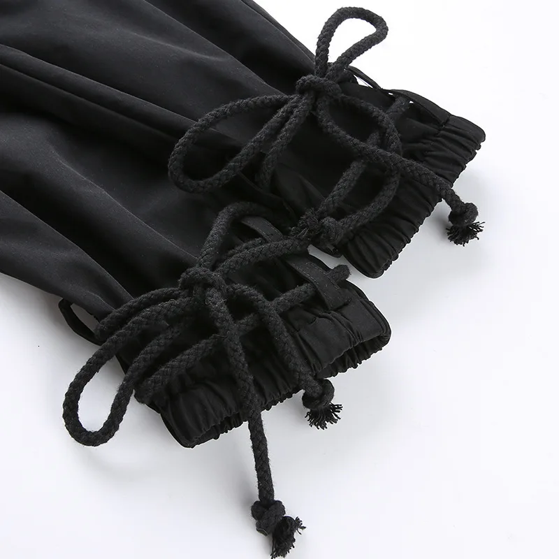 

2019 Trend Casual Cargo Joggers Harem Trousers Street Pockets Elastic Waist Bottom Lace Up Solid Trousers Wz*