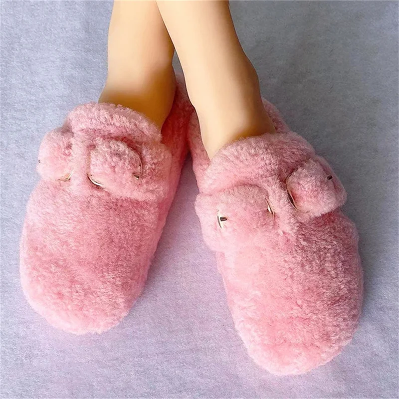 2021 Ladies New High Quality 100% Wool Slippers Fur Flat Shoes Household  Fur Slippers Wool Fur Ladies Flat Shoes