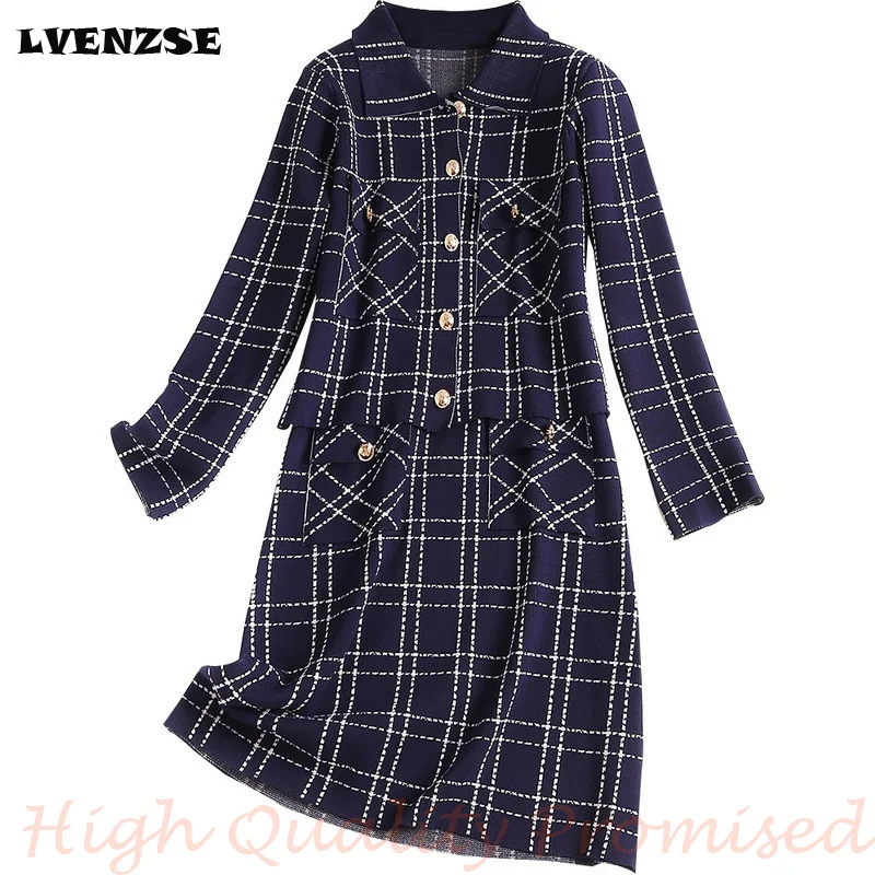 LVENZSE Autumn Women Dress Suit Elegant Beaded Knitted Short Blazer and Sets 2 Pieces Clothing Suits | Женская одежда