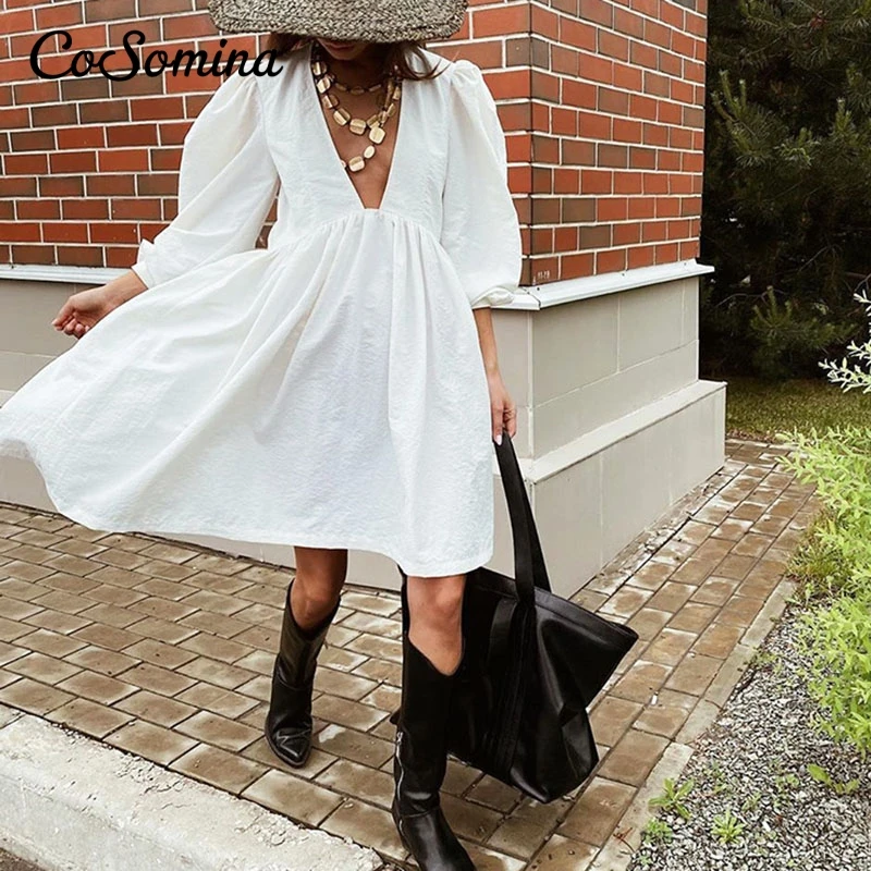

CoSomina V Neck Sexy Cotton Dress Women Puff Sleeve A Line Ladies Dress High Waist Casual Elegant Autumn Winter White Dresses