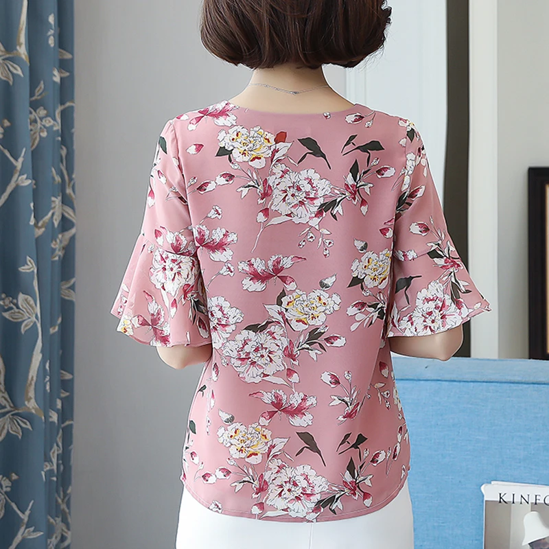 

Summer Chiffon Blouse 2021 Floral Print Sweet Loose Shirts Short Falre Sleeve V-neck Ladies Top Plus Size Women Clothes 8683 50