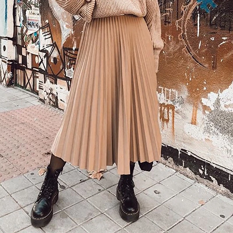 

Women Pleated Skirt Spring High Waist Belt Solid Color Zipper Lady Skirts Elegant Female Saias Loose Mid-length Skirt