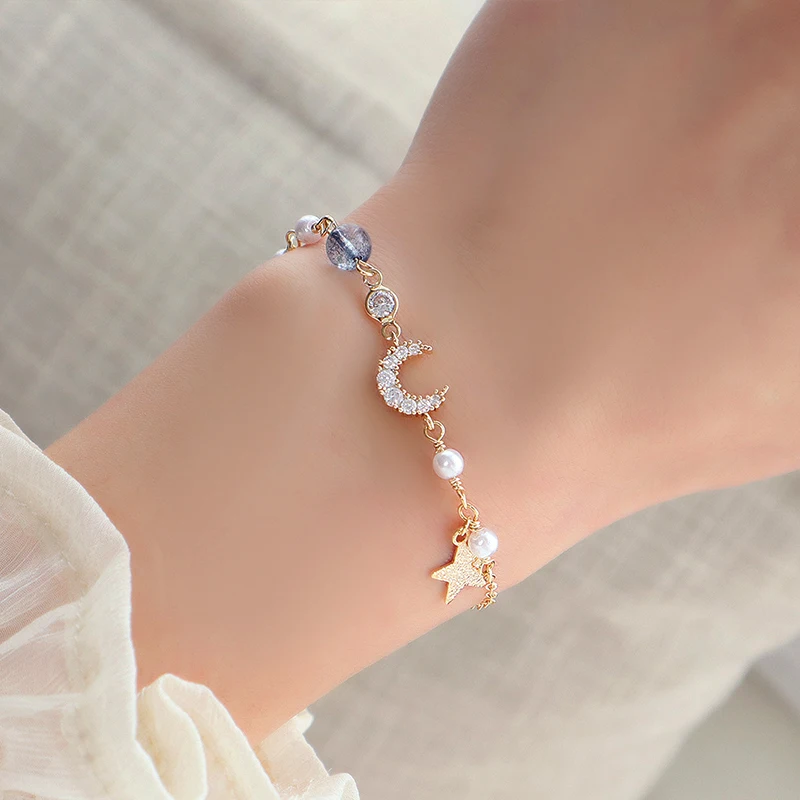 

Bohemia Moon Star Pearl Bracelet for Women Plated 14K Real Gold Romantic Daily String Pulseras Bracelets Birthday Gift Jewelry
