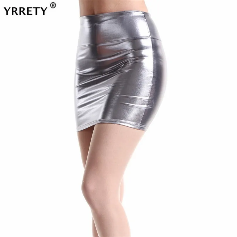 YRRETY, новинка, короткие юбки из искусственной кожи, женские,, сексуальные, тонкие, посылка, бедра, высокая талия, юбка-карандаш, серебристые, серые, черные, размера плюс