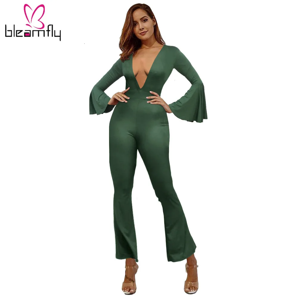 2019 женский комбинезон с длинным рукавом и глубоким v образным вырезом Облегающий