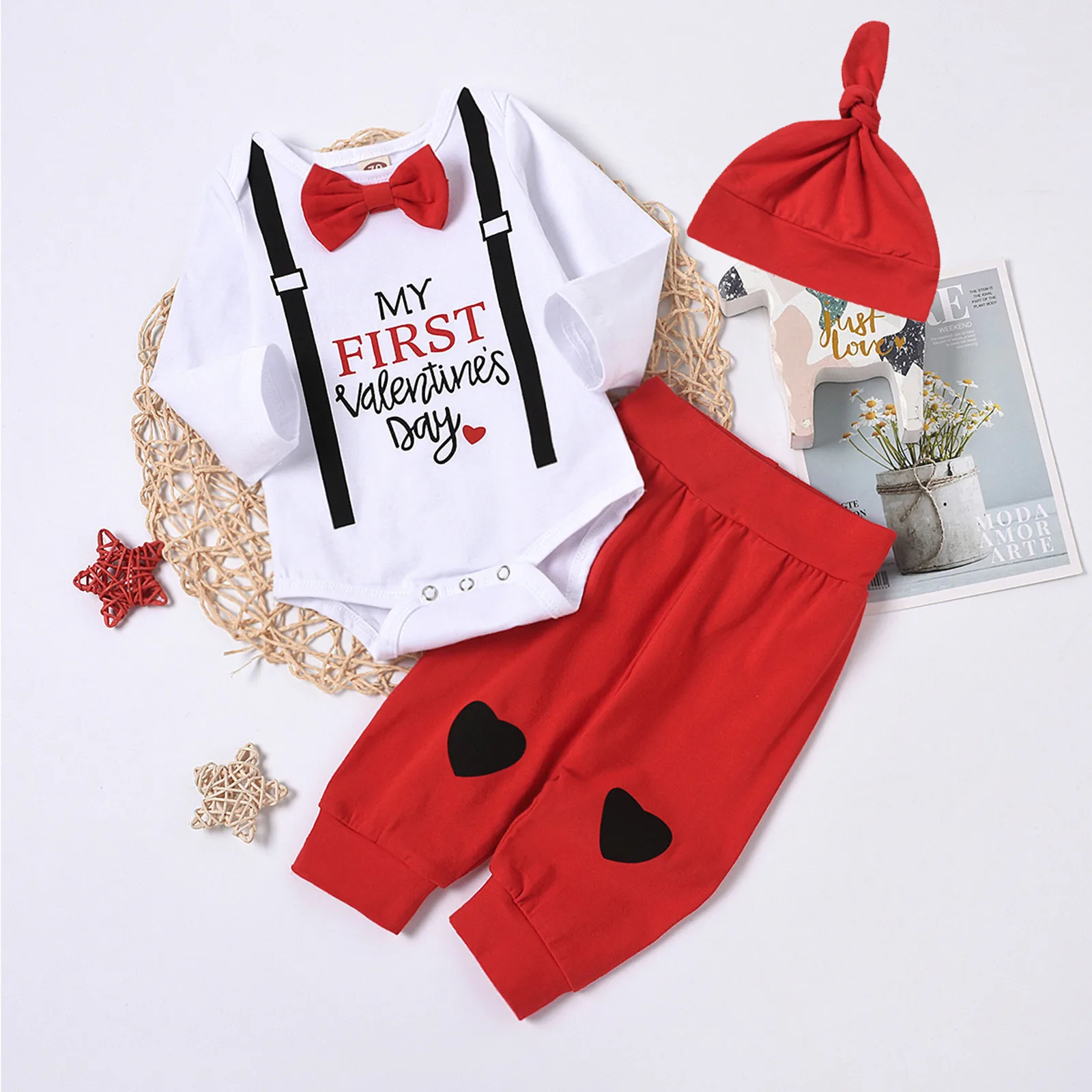 

Комплект одежды для маленьких мальчиков на День святого Валентина, боди с длинным рукавом и принтом сердец и штаны, Модный комплект одежды д...