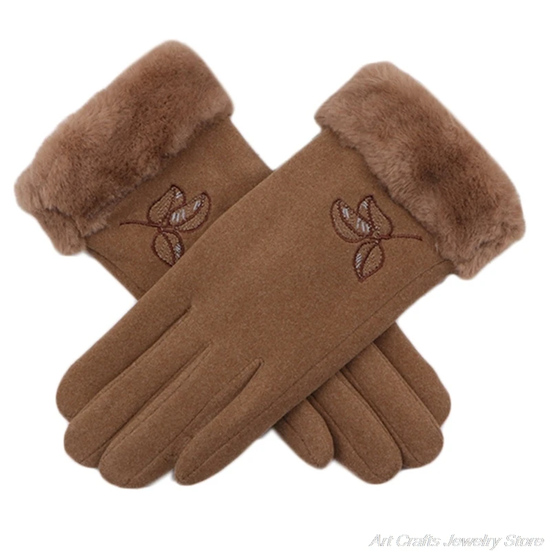 

Women Winter Outdoor Driving Touch Screen Gloves Leaves Embroidery Thick Plush Lined Thermal Stretch Mittens Hand Warmer A20 21