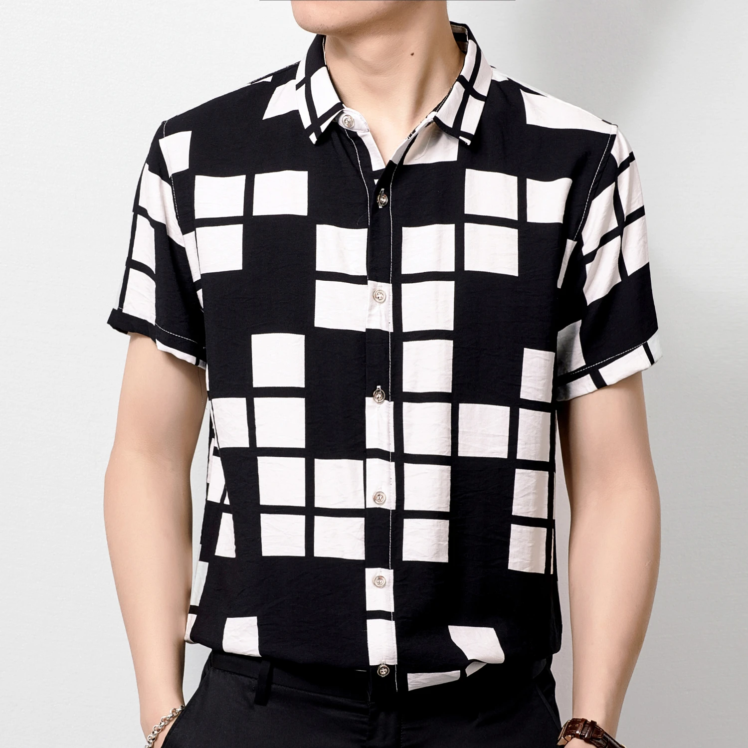 

Lattice Short Sleeve Printing Moda Hombre 2020 Casual Shirts Male Camisas Masculinas Fashion Stage Show Dress Shirt Men