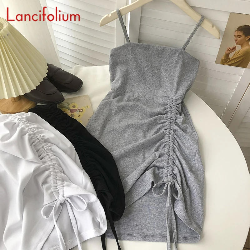 

Sexy Y2k Fashion Party White Black Casual Irregular Bodycon Summer Mini Spaghetti Strap Ruched Dresses Sundresses Women 2021
