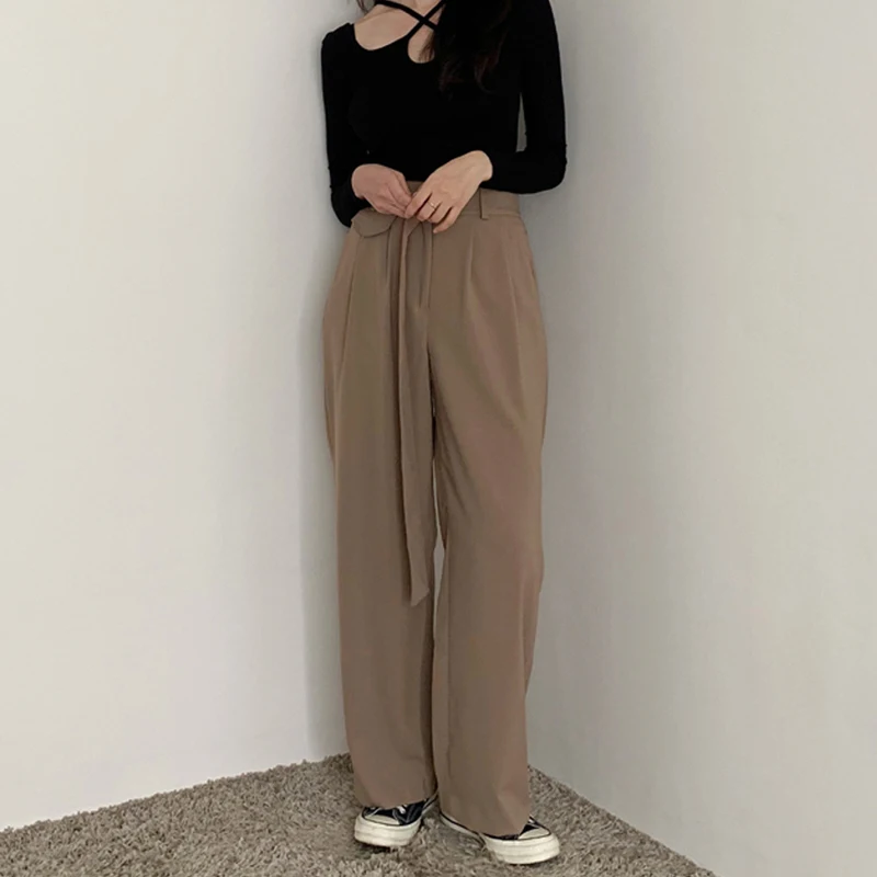 Женские винтажные прямые брюки Mozuleva свободные с высокой талией и поясом длинные