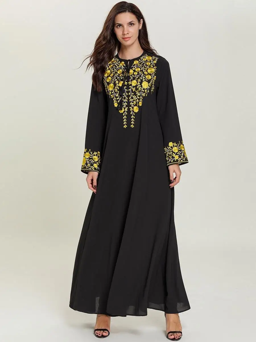 

Women Embroidery Abaya Muslim Long Sleeve Maxi Dress Party Kaftan Robe Arab Casual Gown Dubai Islamic Clothing Plus Size Fashion