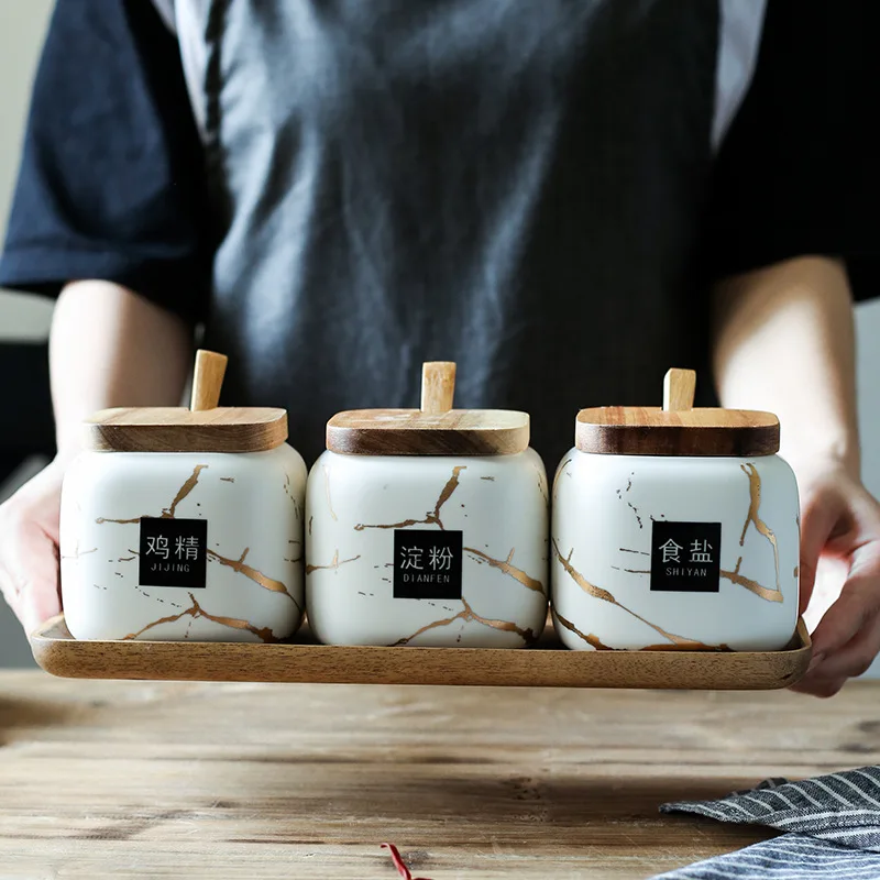 

A Set of Potted Condiments,a Luxurious Silk, Marble Pattern In Scandinavian Style,a Special Can,wood Covered,kitchen Accessories