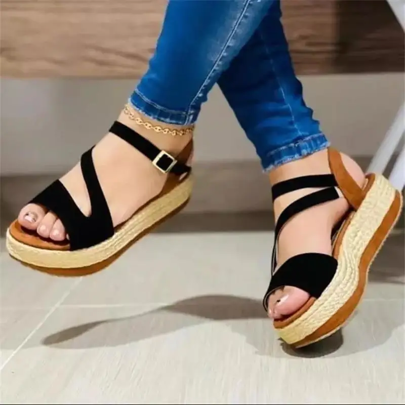 

2021 New Women's High Quality PU Solid Color Buckle Open Toe Flat Heel Platform Non-slip Comfortable Fashion Casual Sandals