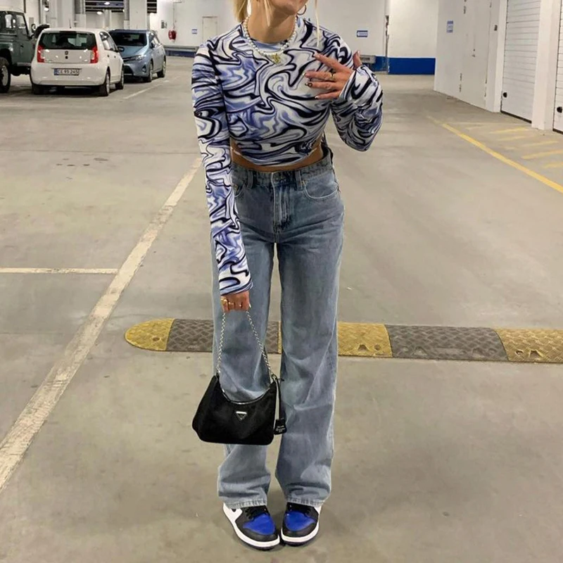 

Rockmore Tie Dye Print Long Sleeve Crop Top Women Y2K Ripple Casual Cut Out T Shirt 90S Aesthetic Harajuku Summer Spring Fashion