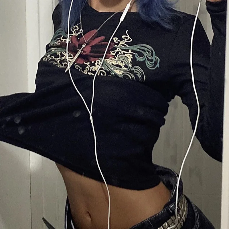 

Grunge Aesthetic Graphic Printed E-girl T-shirts Mall Gothic Bodycon Women Black Tops Punk Fashion Alternative Clothes 2022 New