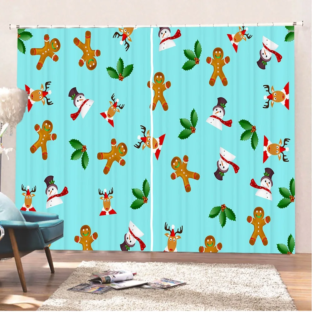 

Gingerbread Man/Elk/Leaves Window Curtain 3D Print Merry Christmas Curtains 2 Panels Curtain New Year Drapes Festival Curtain