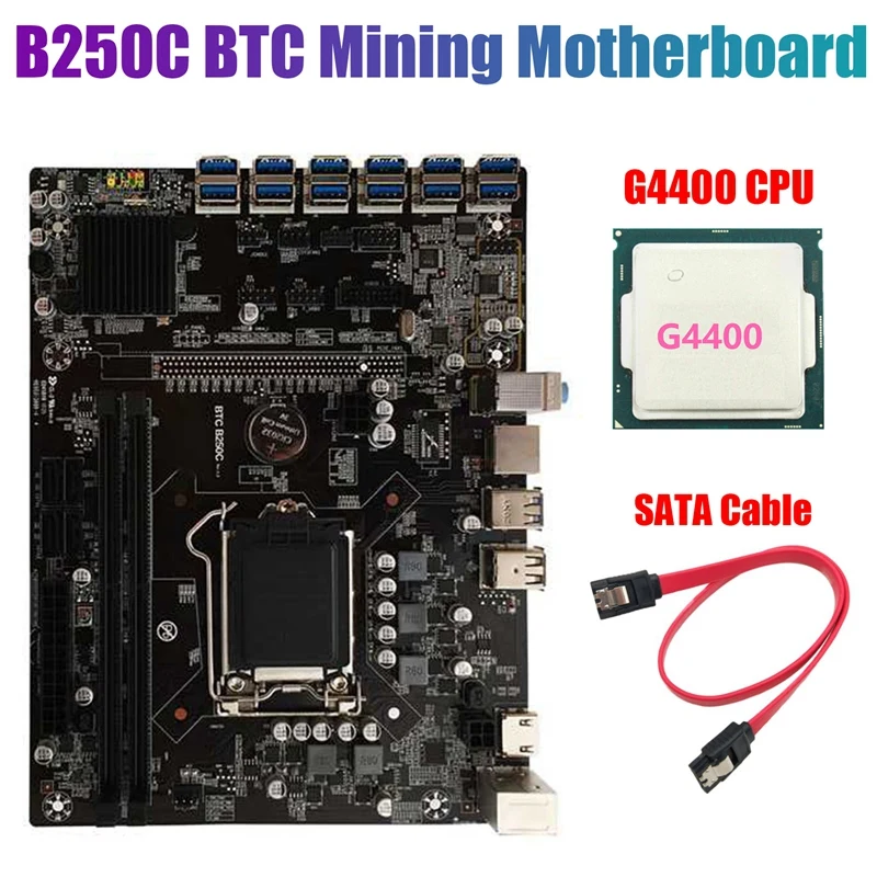 

B250C BTC Mining Motherboard with G4400 CPU+SATA Cable LGA1151 12XPCIE to USB3.0 Graphics Card Slot Supports DDR4 RAM