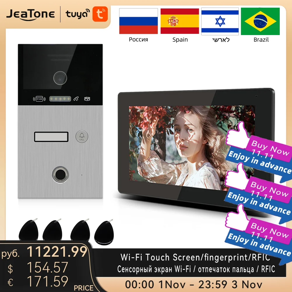

Jeatone TUYA 7 ”IP WIFI беспроводной видеодомофон для квартиры 1F монитор дверной звонок уличный унитаз с отпечатком пальца/RFIC карта