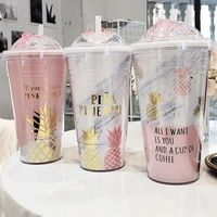pink pineapple coffee mugs bpa free plastic water bottle travel mug portable tea milk juice cup with straw drinkware 420ml