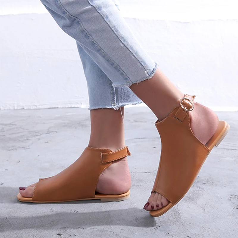 Peep Toe Сандалии Женские Летние Квартиры Женская Пряжка Ремень Обувь Твердые