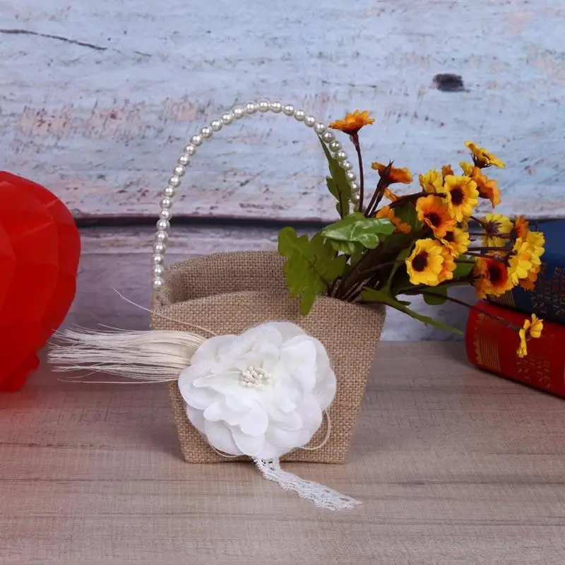 Джутовая корзина для цветов в стиле ретро кружевная свадебная с жемчугом и