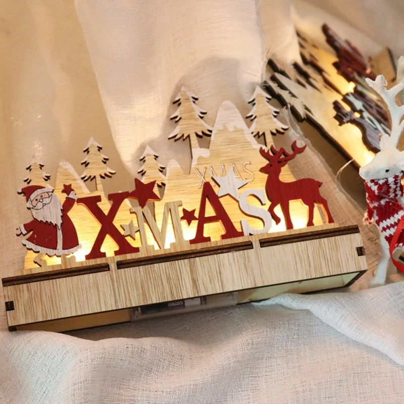 

Wooden Xmas Santa Claus Deer Luminous Table Ornaments Navidad Home Party Decorations Christmas Tree Desk Led Light Kids Gift