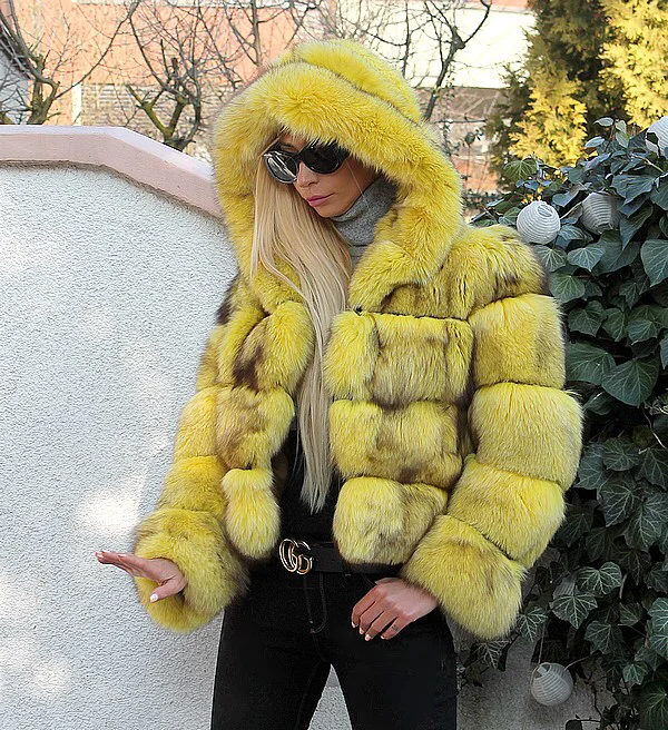 New Women Real Fox Fur Hooded Winter Coats And Jackets Women's Natural Stripe Genuine Fur Outerwear